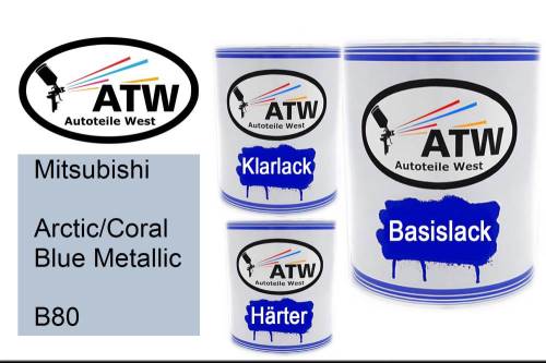 Mitsubishi, Arctic/Coral Blue Metallic, B80: 1L Lackdose + 1L Klarlack + 500ml Härter - Set, von ATW Autoteile West.